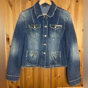 FUBU The Collection Y2K Denim Jean Jacket Fitted Button Up Streetwear Womens XL